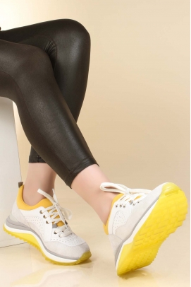 Hakiki Deri Sarı Gri Kadın Sneaker Ayakkabı 009ZA653