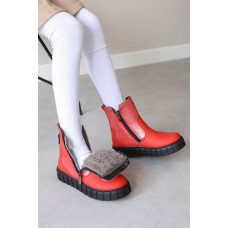 Hakiki Deri Kürklü Kırmızı Simli Unisex Çocuk Klasik Bot 769KXA125
