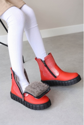 Hakiki Deri Kürklü Kırmızı Simli Unisex Çocuk Klasik Bot 769KXA125