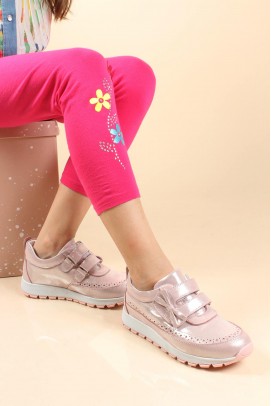 Hakiki Deri Pudra Simli Kız Çocuk Sneaker Ayakkabı 837FA03