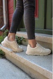 Hakiki Deri Bej Beyaz Kadın Sneaker Ayakkabı 009ZAF2064    