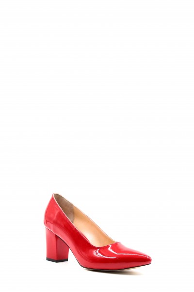 Hakiki Deri Kırmızı Rugan Kadın Kalın Topuklu Ayakkabı 064ZA357    
