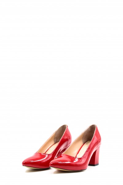 Hakiki Deri Kırmızı Rugan Kadın Kalın Topuklu Ayakkabı 064ZA357    