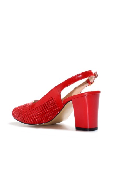 Hakiki Deri Kırmızı Kadın Kalın Topuklu Ayakkabı 064ZA360    