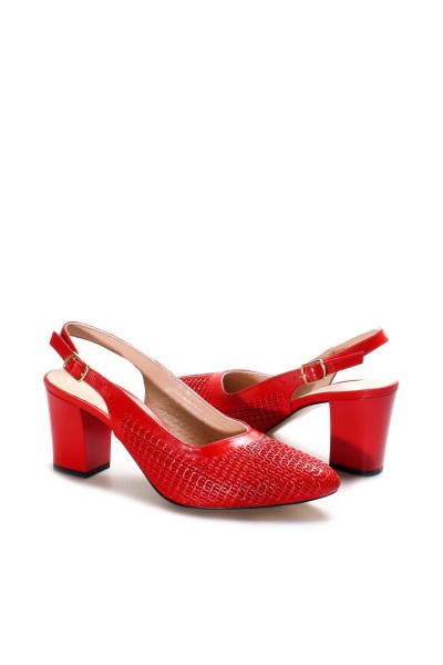 Hakiki Deri Kırmızı Kadın Kalın Topuklu Ayakkabı 064ZA360    
